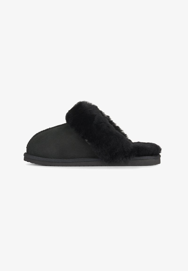 Black suede slipper featuring a soft, furry band across the top, flat rubber sole, and seamless stitching along the edges.