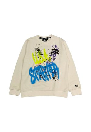 Felpa beige chiaro con stampe multicolori in stile graffiti nei colori blu, giallo, viola e nero. Presenta un collo rotondo e maniche lunghe.