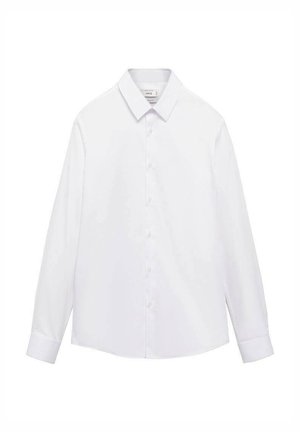 Camicia bianca a maniche lunghe con colletto a punta, texture liscia e orlo dritto. Presenta bottoni distribuiti uniformemente lungo la parte frontale.