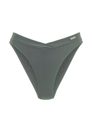 Grüner Bikiniunterteil mit einem minimalistischen Über Kreuz Design, aus glattem Stoff mit einem subtilen Glanz und genähten Kanten. Metall-Logo-Akzent.