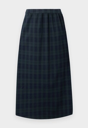 Plaid skirt in dark navy and green, featuring a straight cut, elastic waistband, and soft texture. Mid-length with side pleats.