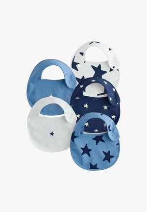 Set van vijf slabbetjes voor baby's in blauwe en witte tinten. Voorzien van sterpatronen, gestructureerde stof en drukknopen voor een veilige pasvorm.