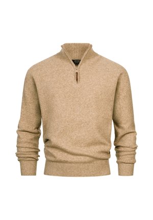 Beige gebreide trui met een ribbelkraag en -manchetten, met een halve ritssluiting en een zachte, gewatteerde afwerking.