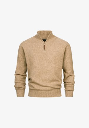 Beige Strickpullover mit geripptem Kragen und Bündchen, ausgestattet mit einem halben Reißverschluss und einem weichen, strukturierten Finish.