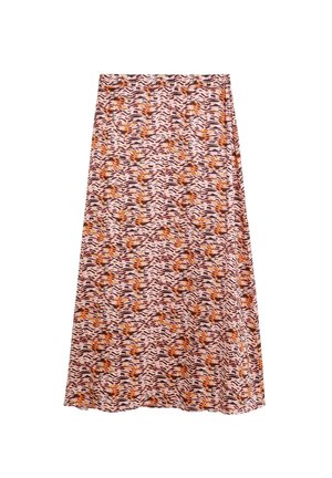 Jupe mi-longue en tissu léger présentant un motif abstrait audacieux orange, marron et rose avec une texture lisse et une silhouette fluide.