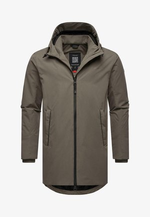 Gray waterproof jacket with a hood, front zipper, two side pockets, and elastic cuffs. Features a tag with a QR code inside.