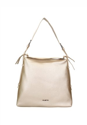 Gold faux leather handbag with a textured surface, shoulder strap, and zip closure. Features tied accents on the side and a logo print.