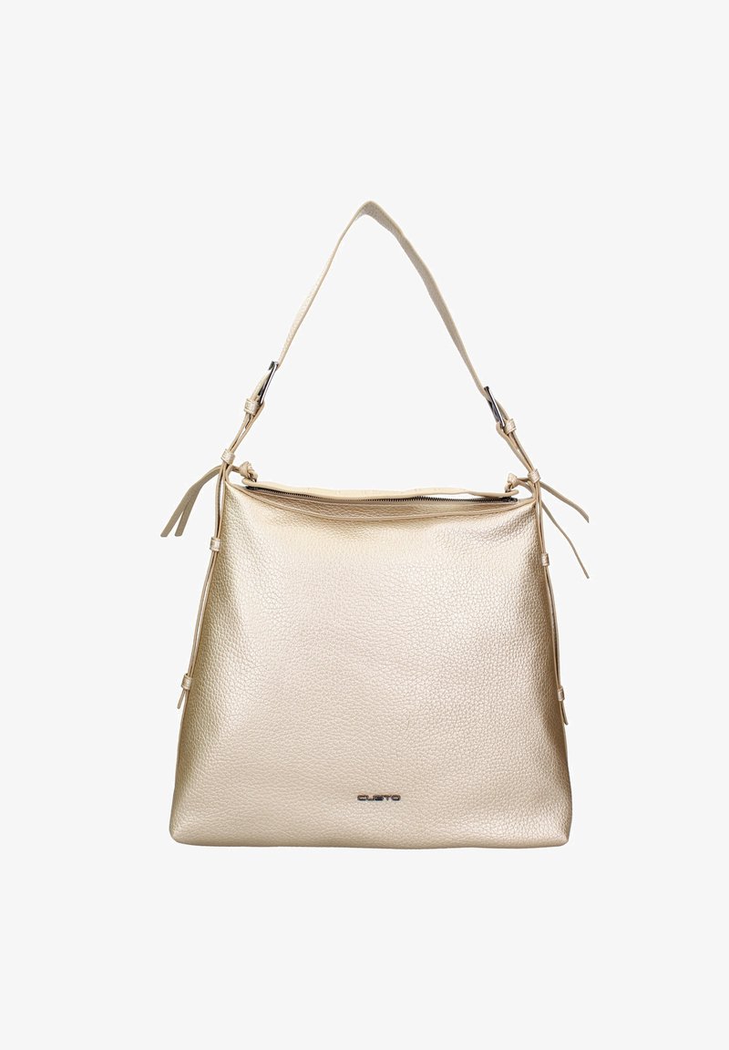 Borsa a spalla in finta pelle dorata con superficie testurizzata, manico e chiusura a zip. Presenta dettagli legati ai lati e una stampa del logo.