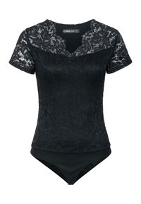 Svart spets bodysuit med korta ärmar, en scalloped halsringning och en figurnära design med en slät tygbotten.