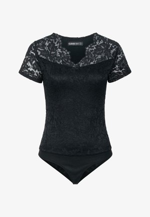 Body en dentelle noire avec des manches courtes, un décolleté festonné et un design ajusté avec un bas en tissu lisse.