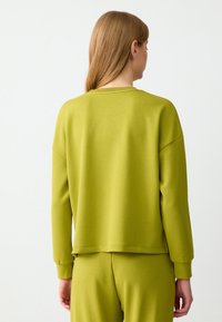 Sweatshirt vert avec une coupe décontractée, un col côtelé et des manches longues, fabriqué en tissu doux. La vue arrière montre un design simple.