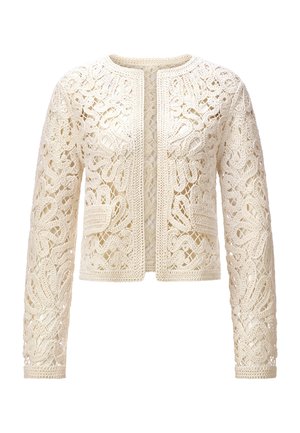 Cream-colored crochet lace jacket with long sleeves, open front, and intricate floral and geometric patterns.