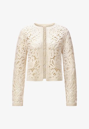Cream-colored crochet lace jacket with long sleeves, open front, and intricate floral and geometric patterns.