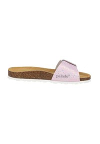 Roze schuifsandaal met een kurken voetbed, een gestructureerde band met hartpatronen en een witte rubberen zool. Merkennaam "palado" in de band gedrukt.