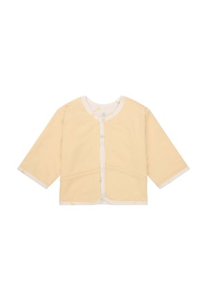 Gelber Baumwollcardigan mit langen Ärmeln, einem runden Halsausschnitt und einem Druckknopfverschluss, mit einem gemusterten Besatz im Innenbereich des Kragens und der Ärmel.