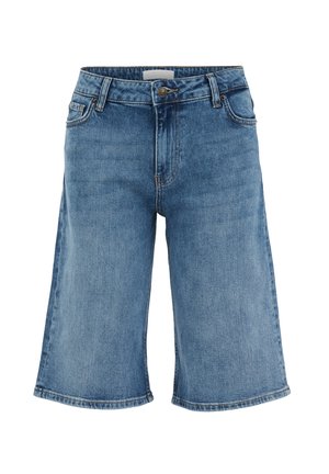 Mid blue denim knee-length shorts with front button and zip closure, belt loops, and five pockets.