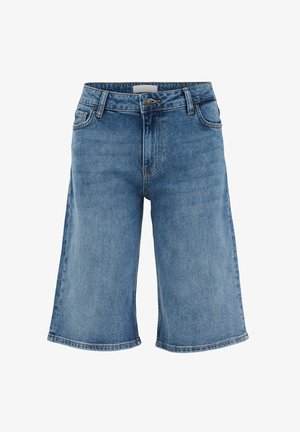 Mid blue denim knee-length shorts with front button and zip closure, belt loops, and five pockets.