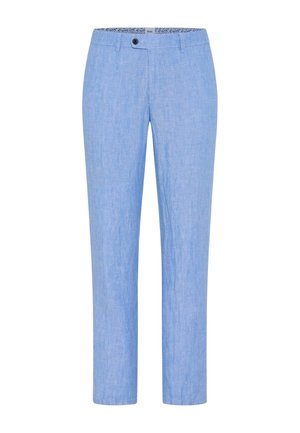 Lichtblauwe straight-fit broek met riemlussen, knoop aan de voorkant en verborgen ritssluiting, gemaakt van een textuurstof.