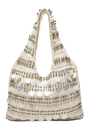 Ručne tkaná krémová taška na rameno s radmi malých kovových korálok a reflexných okrúhlych flitrov na prednej strane.