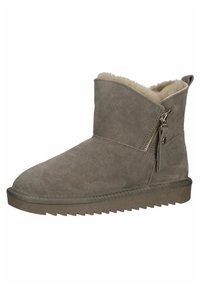 Grijze suède enkellaars met een gladde afwerking, voorzien van een shearling voering, een zijrits en een ribbelige rubberen zool.