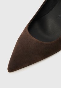 Brune semsket spiss tå pumper med en glatt interiør, som har et elegant design og minimalisert estetikk. Ingen synlig maskinvare eller detaljer.