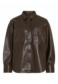 Veste en cuir marron avec un col, des fermetures à boutons, deux poches poitrine et une texture légèrement brillante. Comprend des détails de couture subtils.