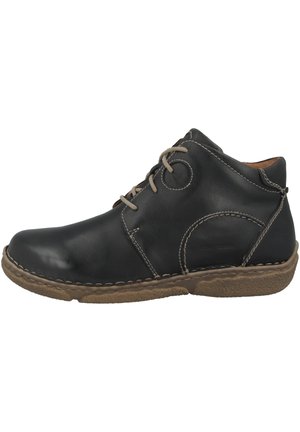 Black leather ankle boots with round toe, contrasting beige stitching, circular side detail, and a rubber sole. Lace-up design.