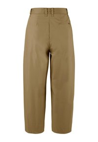 Pantaloni marroni su misura con design a gamba dritta, vita media, passanti per cintura e una tasca posteriore. Tessuto liscio e leggero.