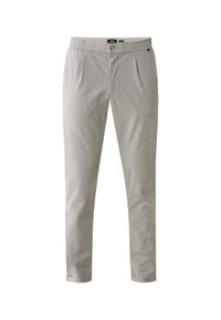 Světlé šedé kalhoty vyrobené z hladkého materiálu s jemným kostkovaným vzorem, vybavené zapínáním na knoflík a elastickým pasem pro pohodlí.
