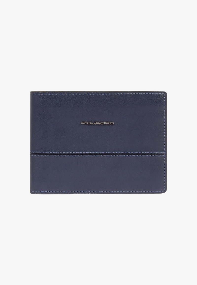 Marineblauwe leren portemonnee met een gladde textuur, contrasterende blauwe stiksels en een geperst merklogo. Compact ontwerp met een horizontale lay-out.