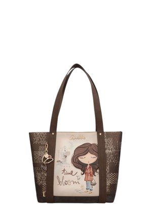 Borsa tote marrone con manici lunghi, caratterizzata da un'illustrazione di una ragazza dei cartoni animati, testo "time to bloom" e un piccolo ciondolo portachiavi a forma di cuore.