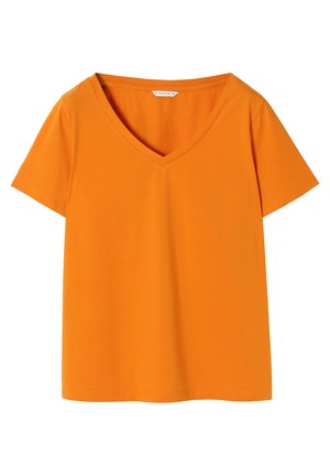 Narančasta V-izrez majica s kratkim rukavima, izrađena od mekanog pamučnog materijala. Glatka tekstura, jednostavan dizajn i bez vidljivih uzoraka ili ukrasa.