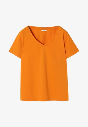 Narančasta V-izrez majica s kratkim rukavima, izrađena od mekanog pamučnog materijala. Glatka tekstura, jednostavan dizajn i bez vidljivih uzoraka ili ukrasa.