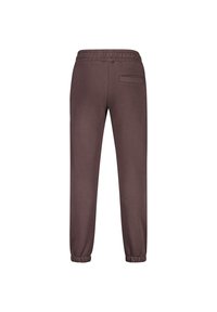 Bruine joggingbroek met een elastische tailleband, omgeslagen enkels en een enkele achterzak. Gemaakt van een zachte, gladde stof.