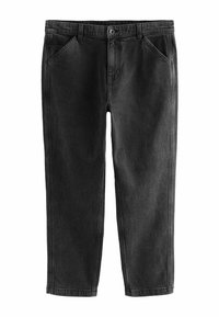 Schwarze Denim-Hosen mit geradem Schnitt, ausgestattet mit zwei seitlichen Taschen und einem einzelnen Knopfverschluss vorne. Weiche Textur, minimale Nahtdetails.