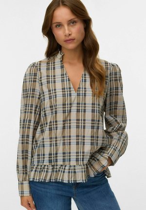 Karierte Bluse mit V-Ausschnitt, langen Ärmeln, beigem Hintergrund und blau-braunem Muster. Mit gerafften Ärmeln und leicht gerafft gesäumt.