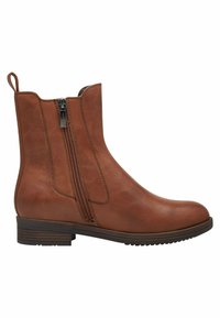 Bottines en cuir marron avec deux fermetures éclair latérales, bout rond, petit talon carré et couture contrastée. Texture lisse avec un design minimaliste.