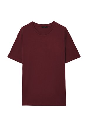 T-shirt corto a maniche corte color bordeaux con orlo dritto e etichetta del marchio Calliope sul collo.