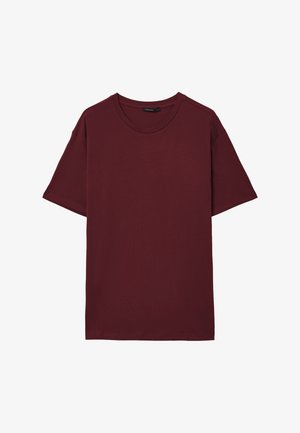 T-shirt corto a maniche corte color bordeaux con orlo dritto e etichetta del marchio Calliope sul collo.