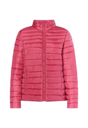 Roosa puhvjakkk, millel on lühike krae, tõmbluku ees ja horisontaalsed õmblused. Valmistatud läikivast, siledast kangast, kerge ja polsterdatud disainiga.