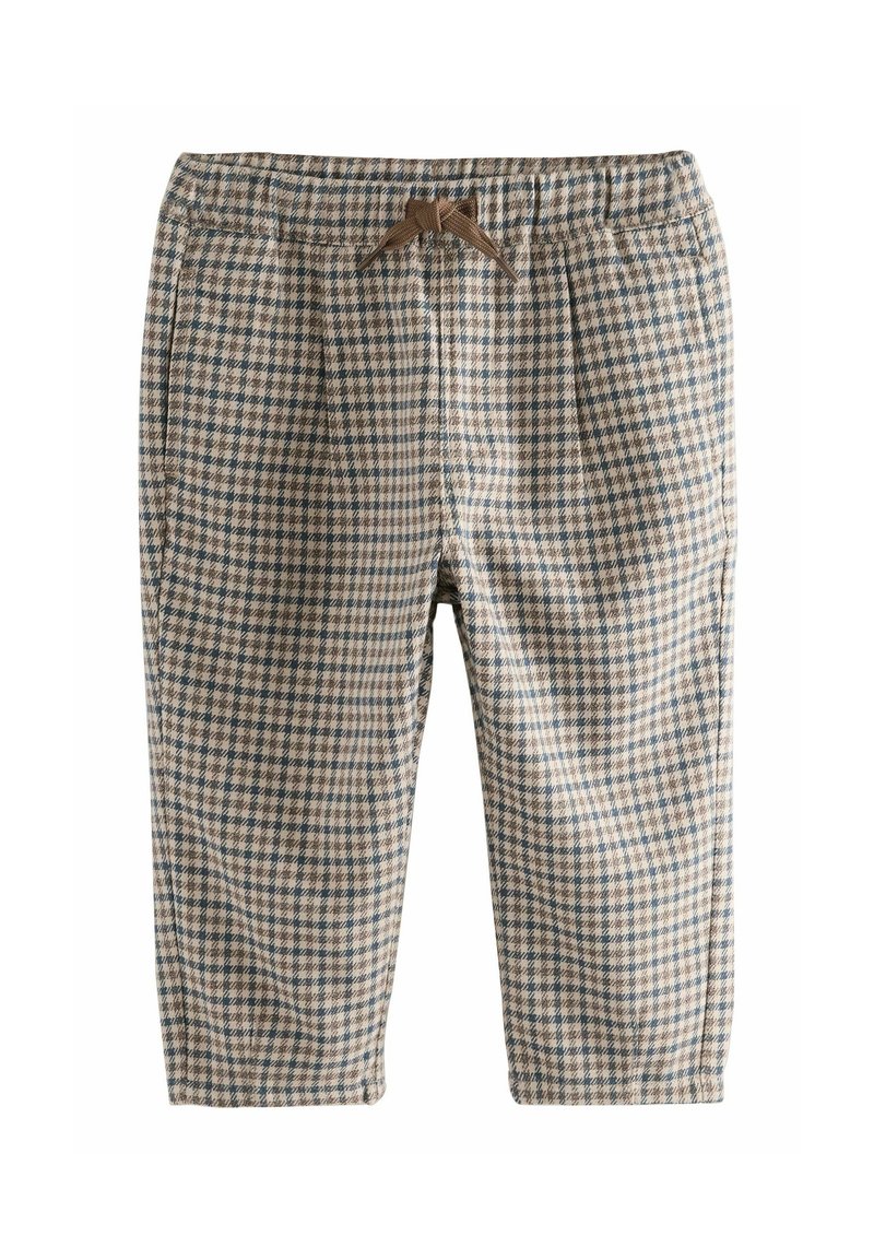 Pantalon à carreaux marron et beige pour enfants avec taille élastique et cordon marron à l'avant.