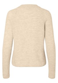 Light beige knit sweater with long sleeves, ribbed texture, and a rounded neckline. Features a simple, relaxed fit and no visible embellishments.