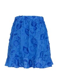 Blauwe geborduurde rok met bloemmotief, textuurstof, gatherend tailleband, gelaagd ruchezoom.