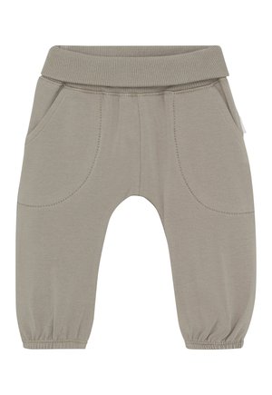 Zachte beige peuterbroek met elastische tailleband en boorden, met twee voorzakken en doorstikte naden.