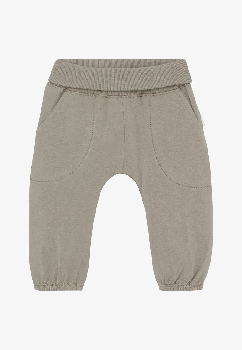 Zachte beige peuterbroek met elastische tailleband en boorden, met twee voorzakken en doorstikte naden.