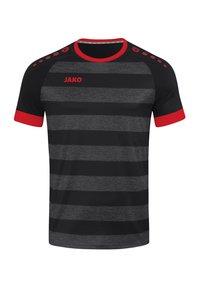 T-shirt de sport rayé noir et gris avec des accents rouges. Il présente un col rond, des manches courtes et des boutons décoratifs sur les épaules. Logo de la marque visible.