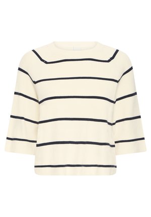 Kremowy sweter z dzianiny z szerokimi czarnymi poziomymi paskami i rękawami do łokcia, z okrągłym dekoltem.