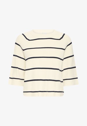 Cremefarbener Strickpullover mit breiten schwarzen horizontalen Streifen und ellbogenlangen Ärmeln, mit Rundhalsausschnitt.
