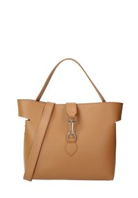 Borsa a tote in pelle color cuoio con forma strutturata, due manici superiori, tracolla removibile e dettagli in metallo argentato. Texture liscia.