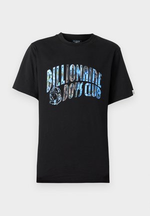 Black cotton t-shirt featuring a blue and silver graphic of "Billionaire Boys Club" with an astronaut design. Short sleeves, crew neck.